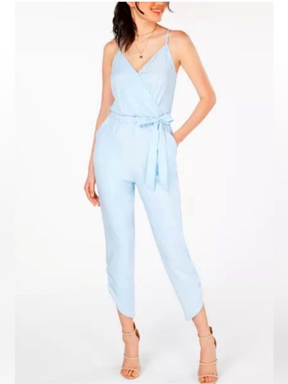 XOXO Surplice Baby Powder Blue Belted Jumpsuit NWOT